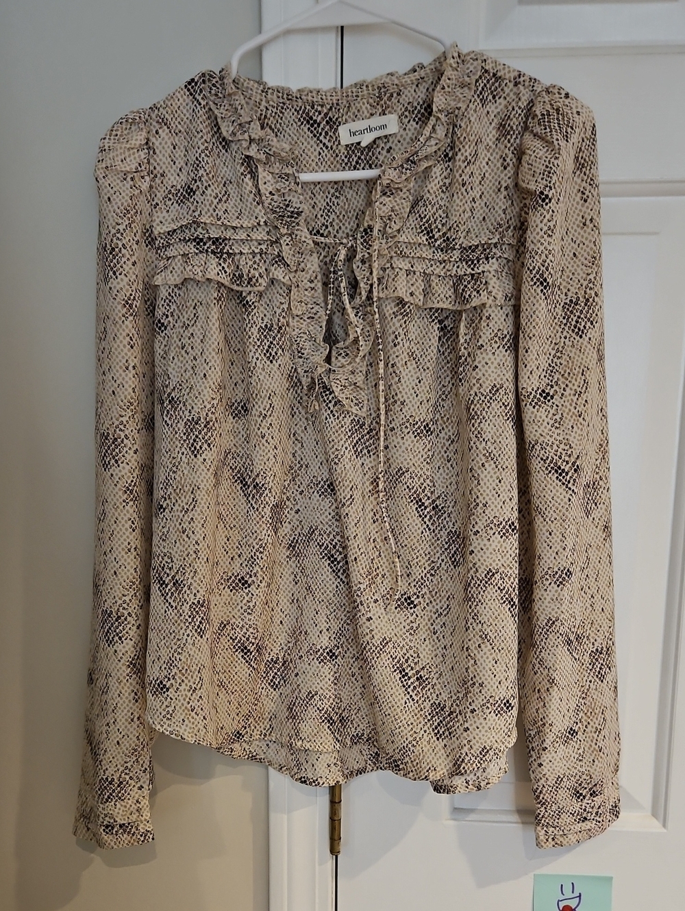 Heartloom Snakeskin Tie Ruffle Front Keyhole Long Sleeve Blouse Top Medium M